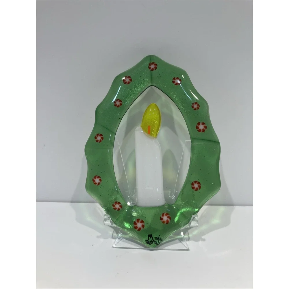 Handcrafted Fused Glass Christmas Wreath & Candle Suncatcher Peppermint Signed
